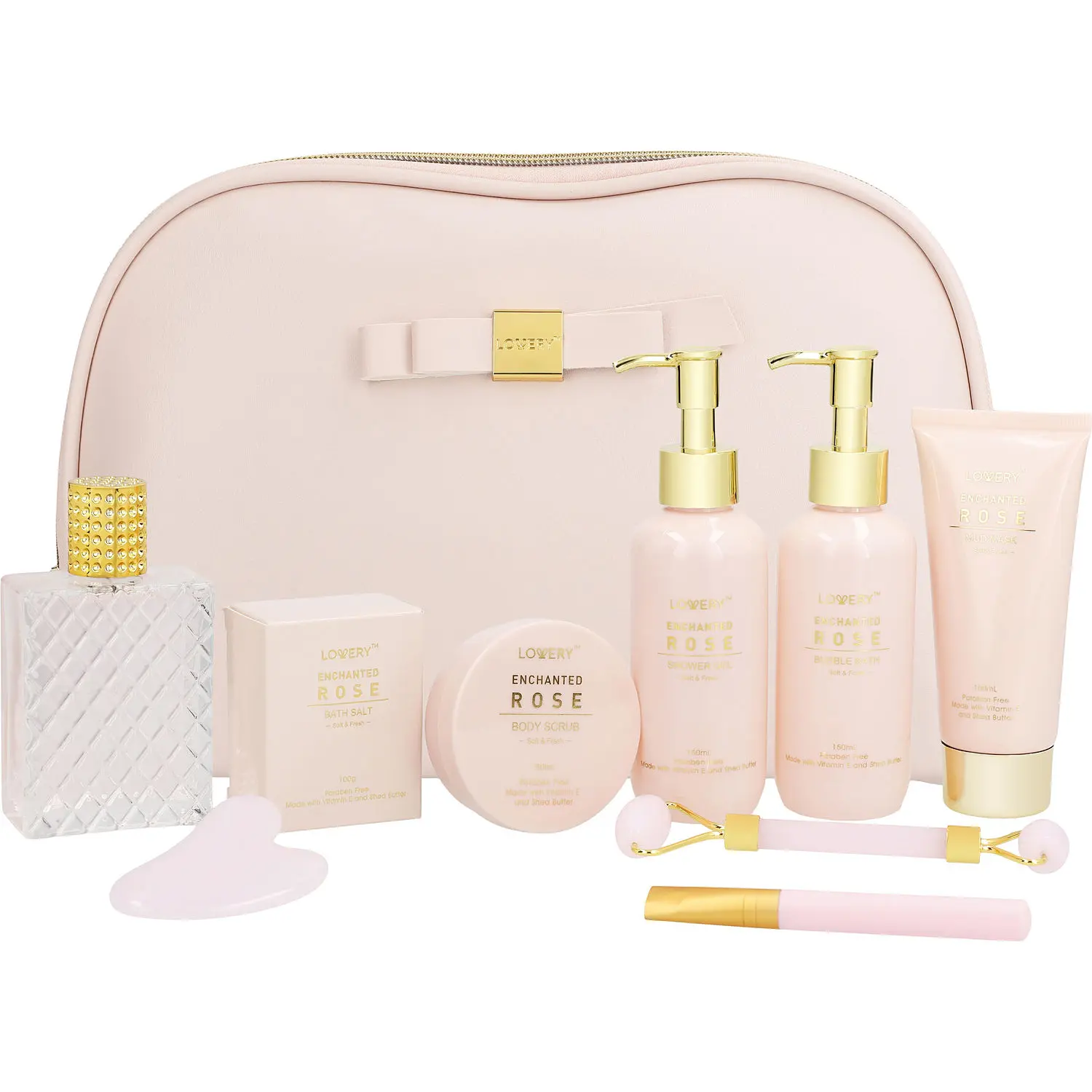 Lovery Enchanted Rose Set-Eau De Parfum Spray 2.5 Oz & Bubble Bath 5 Oz & Shower Gel 5 Oz & Body Scrub 2 Oz & Bath Salt 3.5 Oz & Mud Mask 3.38 & Face Brush & Face Roller & Gua Sha Stone & Bag For Unisex
