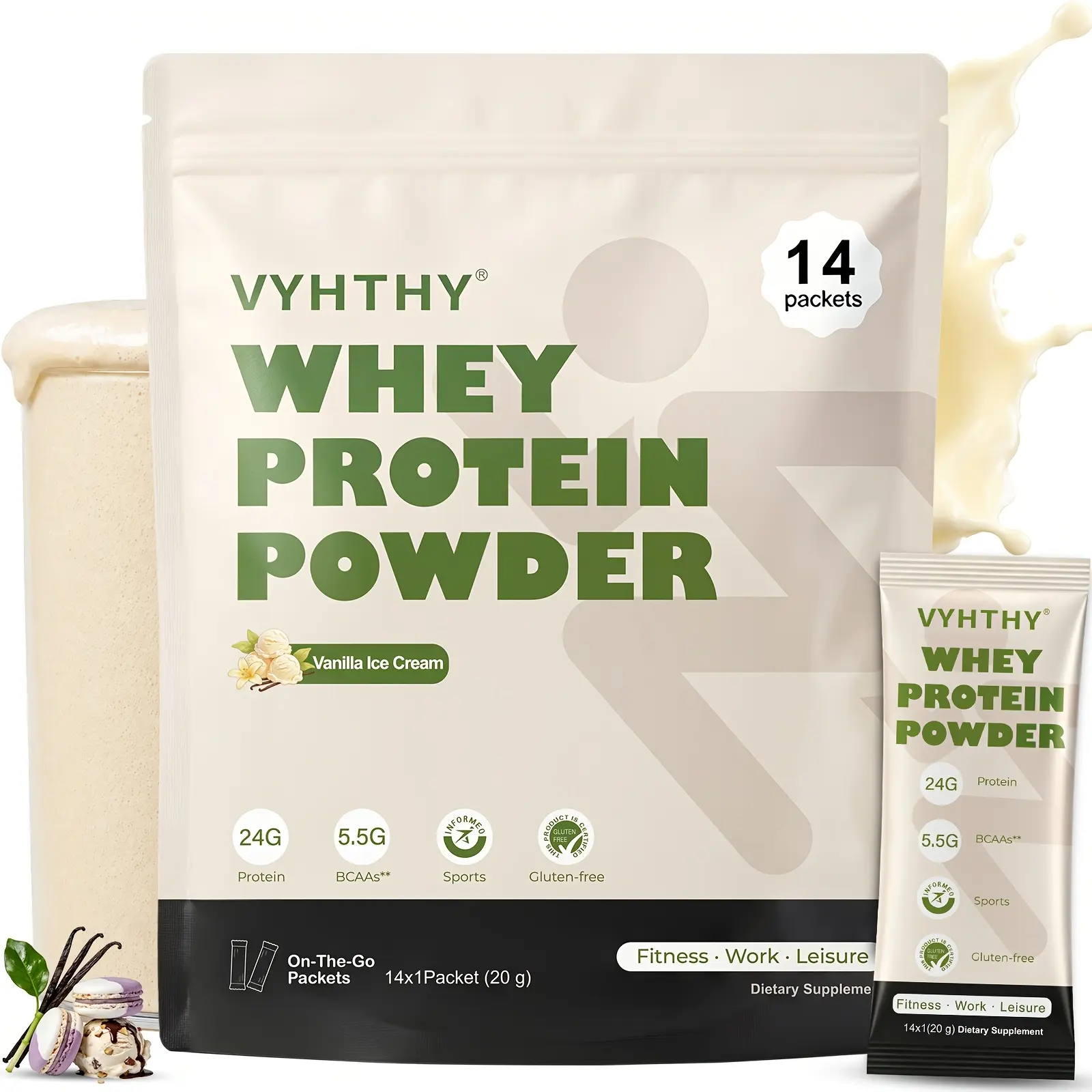 14-Count Box Portable Whey Protein Powder Sticks, Creamy Vanilla Ice Cream Flavor 20G Per Packet Disposable Pocket Travel Shakes for Office Camping Commute School Daily Meal Replacement - VYHTHY