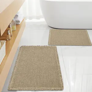 Luxury Waffle Bath Mat, Super Absorbent Non Slip Bathroom Rugs, Boho Decor Ultra Soft Comfort Machine Washable Quick Dry Floor Mats with Tassels