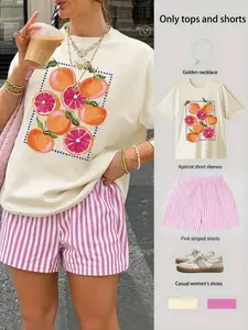 Women's Fruit Print Round Neck T-Shirt + Striped Shorts Set, Casual Loose-Fit T-Shirt, Ideal for Daily Wear, Outdoor Activities, Sports