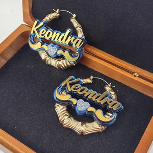 Personalized Gold Bamboo Hoop Earrings – Custom Name with Heart & Swirl Background, Statement Jewelry for Women, Girls, Gifts