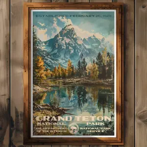 Grand Teton National Park Poster, Wyoming Travel Print, NPS Home Decor, Wall Art Painting, Hiking Gift