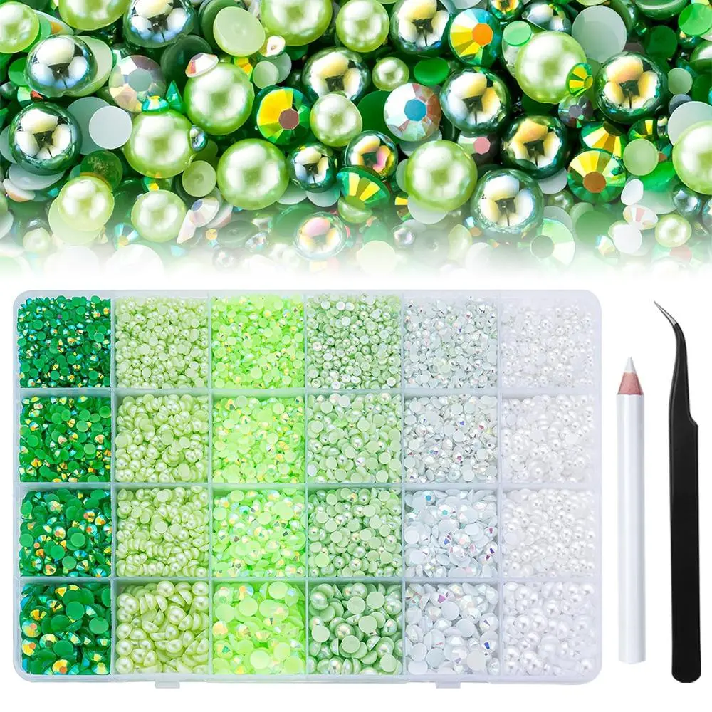 12000PCS Green Flat Back Pearl Rhinestones, Resin Rhinestones for Crafts, Shoes, Nails, Face Art with Tweezer Crayon