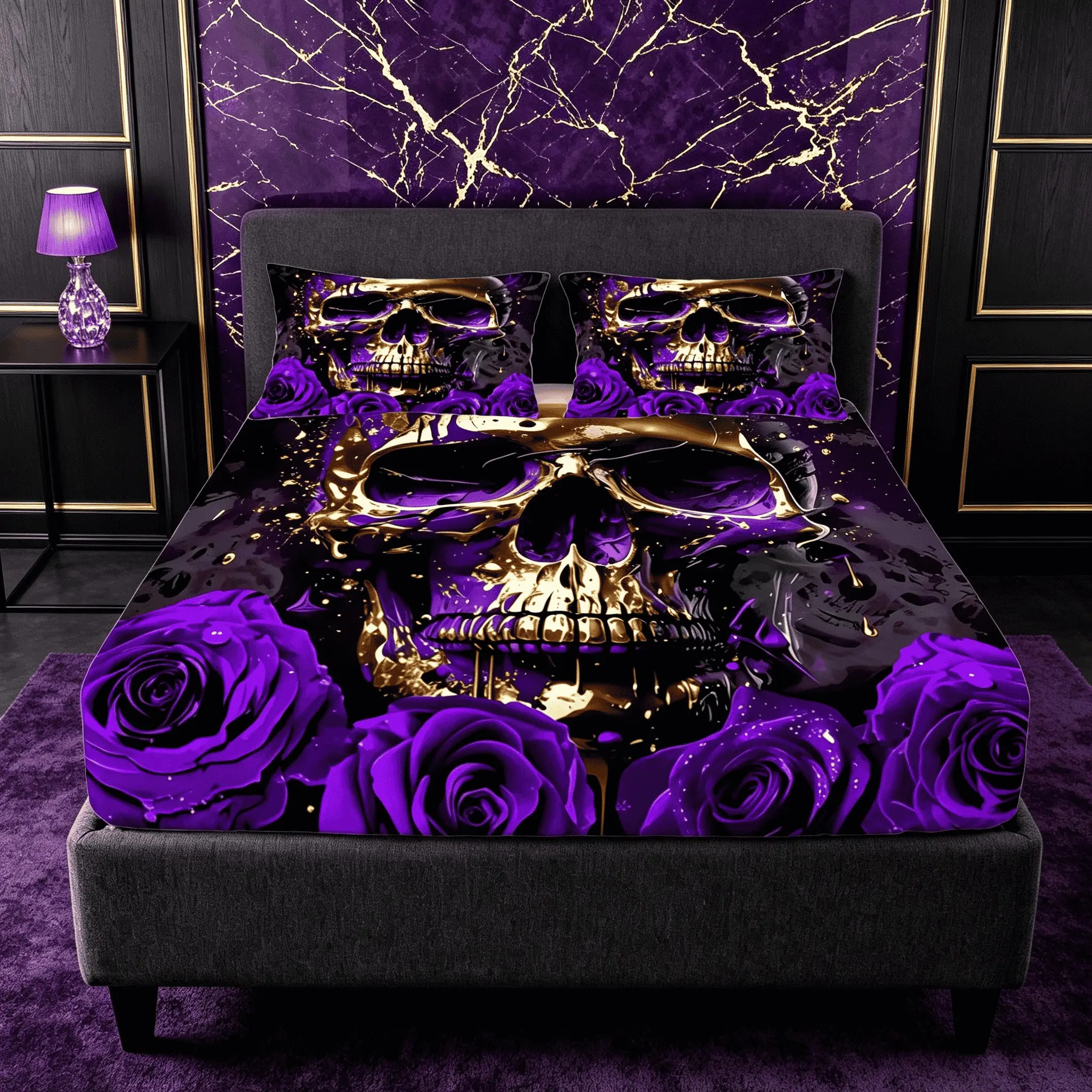 3‑Piece Luxury Purple‑Gold Gothic Skull & Rose Fitted Sheet Set, Digital Print Decorative Theme Bedding Set, Without Insert, Dark‑Aesthetic Bed Cover for Gothic Enthusiasts, Bedroom Decor & Halloween Gifts