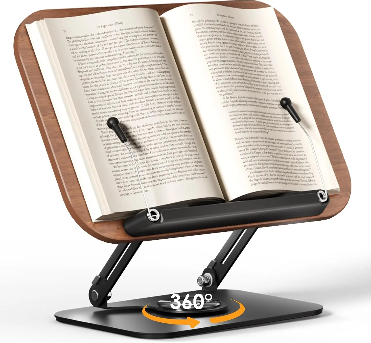Book Stand for Reading, Adjustable Book Holder with 360° Rotating Bases, Foldable Designs, and Elastic Clips, Multifunctional Display Stand for Recipe, Cookbooks, Magazines, Tablets, Laptops
