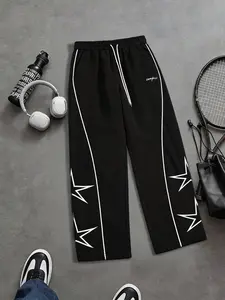 Men's side star printing sports trousers contrasting lines splicing fashion drawstring waist design comfortable and breathable casual fabric suitable for daily fitness and street wear