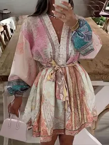 Women's Boho Long Sleeve Short Dress, Casual Beach Vacation Holiday Summer Dress, Womenswear Women's Boho Long Sleeve Short Dress, Casual Beach Vacation Holiday Summer Dress, Womenswear