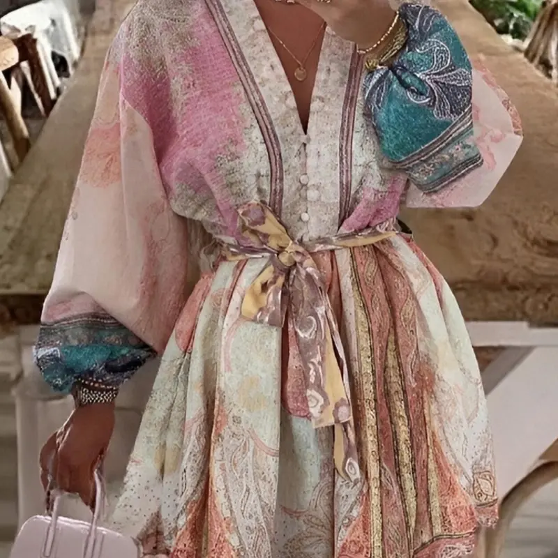 Women's Short Dress, Boho Chic Casual Wear Long Sleeve Lantern Dress for Beach Vacation Holiday, Ladies Summer Clothes, Boho Beach Dresses, Bohemian Summer Dress, Casual Boho Fashion, Boho Design, Womenswear