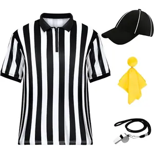 Men's Referee Costume Kit,Referee Shirt Stripe Umpire Jersey,Hat,Stainless Steel Whistle with Lanyard,Penalty Flag for Football Soccer Sports and Halloween Cosplay Outfits