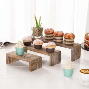 Brown Wood 3-Tier Collectibles Figurine Display Risers, U Shaped Floating Shelf, Set of 3