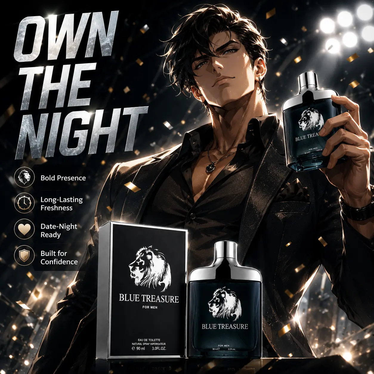 Black Treasure Pheromone Cologne for Men Eau de Toilette 90ml Long Lasting 24H Fresh Marine Woody Aromatic Scent with Bergamot Lavender Cedarwood Amber Musk for Date Night Office Daily Wear Masculine Fragrance Cologne Gift for Him