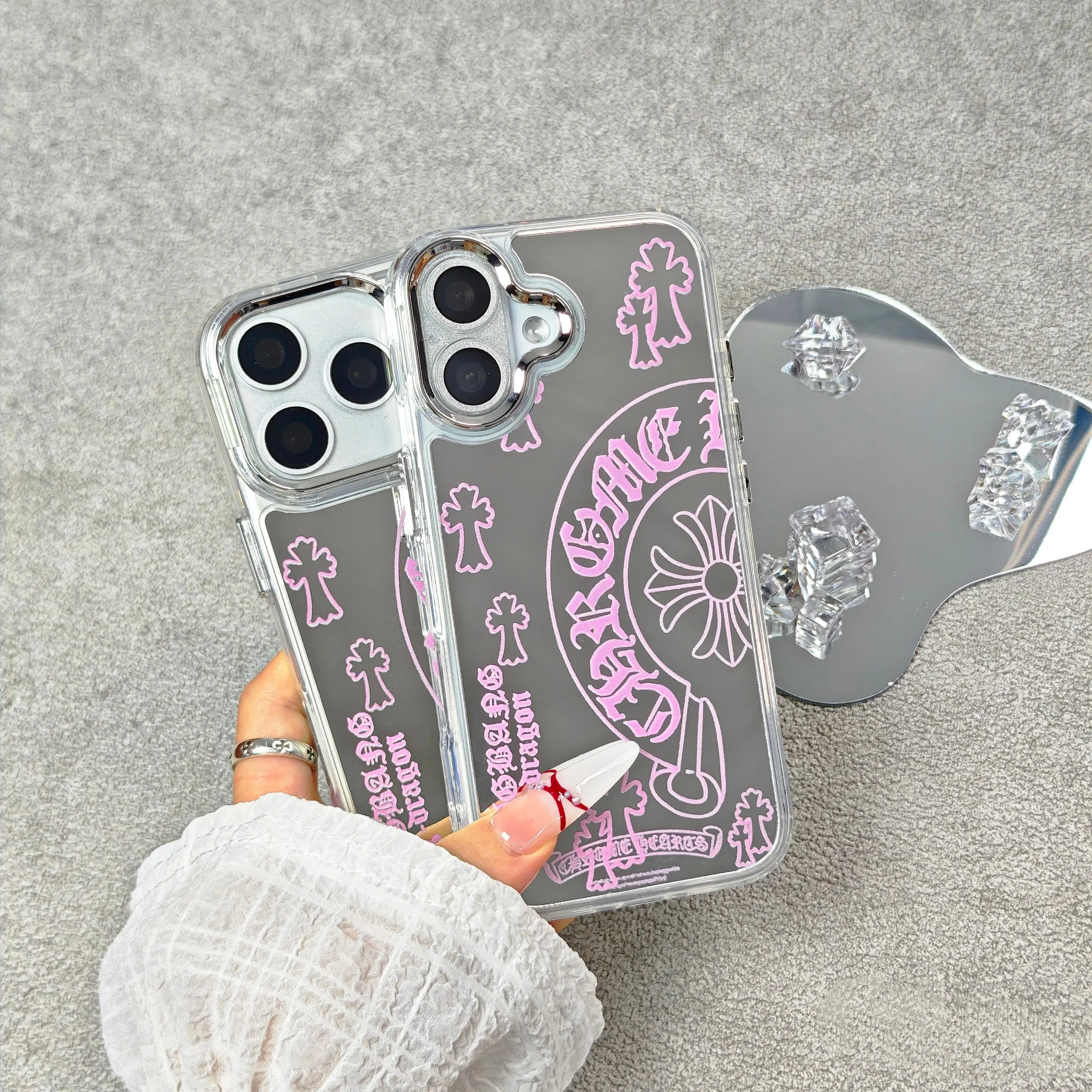 Women's Cute Mirror Finish Crosshatch Pattern Phone Case - Shockproof Soft Material Back Cover Accessory for 6.9" Max Size iPhone 17/16/15/14/13 Pro Max/Plus Series (Pink)