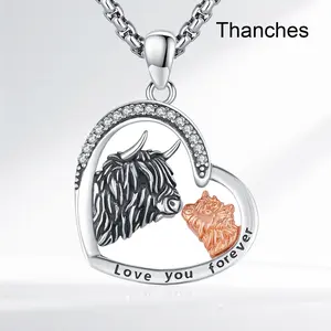 Thancehs Highland Cow Heart Necklace S925 Sterlinf silver Gothic Animal Jewelry Scottish Highlander Pendant Gift for Women Men