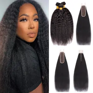 3 Bundles with 2x6 HD Lace Closure Virgin Human Hair Kinky Straight