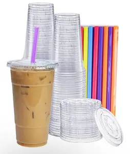 24 oz. Clear Plastic Cup with Flat Lid & Straw - 50/Pack Disposable Transparent Party Supplies