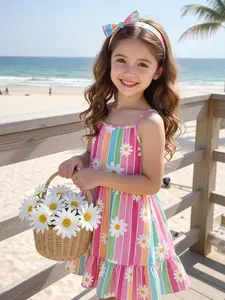 Young Girl Woven Fabric Red Striped Digital Print Hem Ruffle Strap Sundress, Suitable For Summer Daily Wear, Outings, Vacations, Parties Summer Holiday