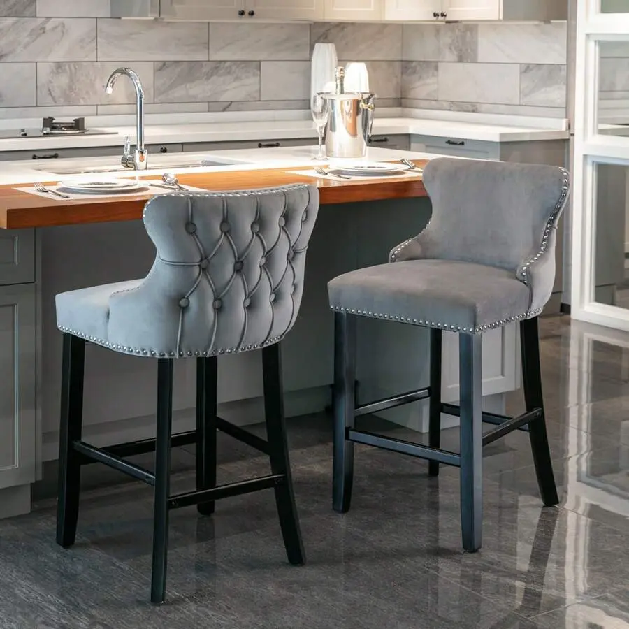 Velvet Wingback Bar Stools Set of 2,26.7" Seat Height Button Tufted Counter Bar Stool Chairs with Solid Wood Legs Kitchen Island Upholstered Padded Barstools with