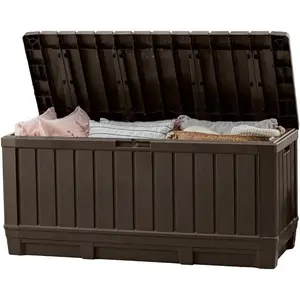 Keter Kentwood 92 Gallon Resin Deck Box-Organization and Storage for Patio Furniture Outdoor Cushions, Throw Pillows, Garden Tools and Pool Floats, Brown Organiser