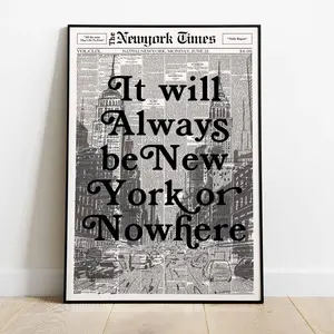 Retro Black It Will Always Be New York or Nowhere Wall Art, NYC Quote Poster, Vintage Newspaper Print, Pink Typography City Decor