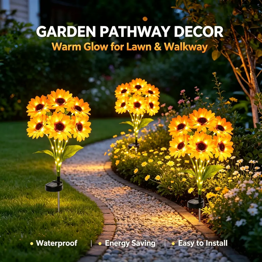 Golden Sunflower Solar Garden Stake Light, Realistic Blooming Flower Decoration with Warm LED Glow, Outdoor Yard Ornament for Patio, Lawn, Pathway & Garden Landscape