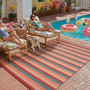 Waterproof Outdoor Patio Rug 5x8, Reversible Plastic Straw Orange Red Colorful Striped Carpet, Lightweight Large Rug for Camping RV Porch Deck Balcony Beach
