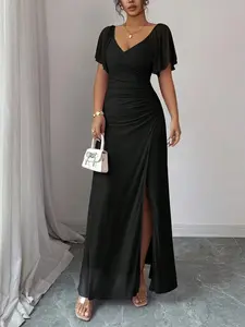 Women's V-Neck Ruffle Sleeve Wrap Dress, Elegant Ruffled Party Gown for Spring Summer, Chic Cocktail, Perfect for Special Occasions Womenswear