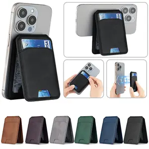 Genuine Leather Texture Magnetic Wallet Card Holder with Stand 2-Fold Anti-RFID Portable Card Case for Smartphones