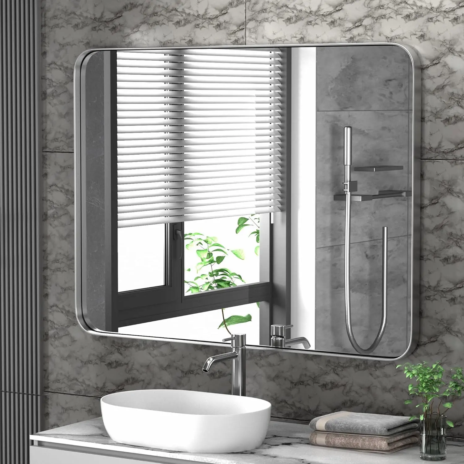 22x30-Inch Brushed Nickel Bathroom-Vanity-Mirror for Wall - 304 Stainless Steel  Frame Bathroom Mirrors, Rectangle Farmhouse Mirror, Vertical Or Horizontal Hanging Modern Mirror