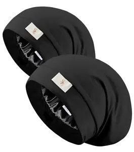 2 count Silk Satin Bonnet Hair Wrap for Sleeping, Adjustable Strap Curly  Hair Night Caps for Women Men(Black&Black)