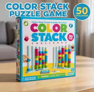 Color Stack Puzzle Game for Kids, Family Ring Matching Brain Teaser with 50 Challenge Cards, Fast Reflex Strategy Table Game for 2 Players