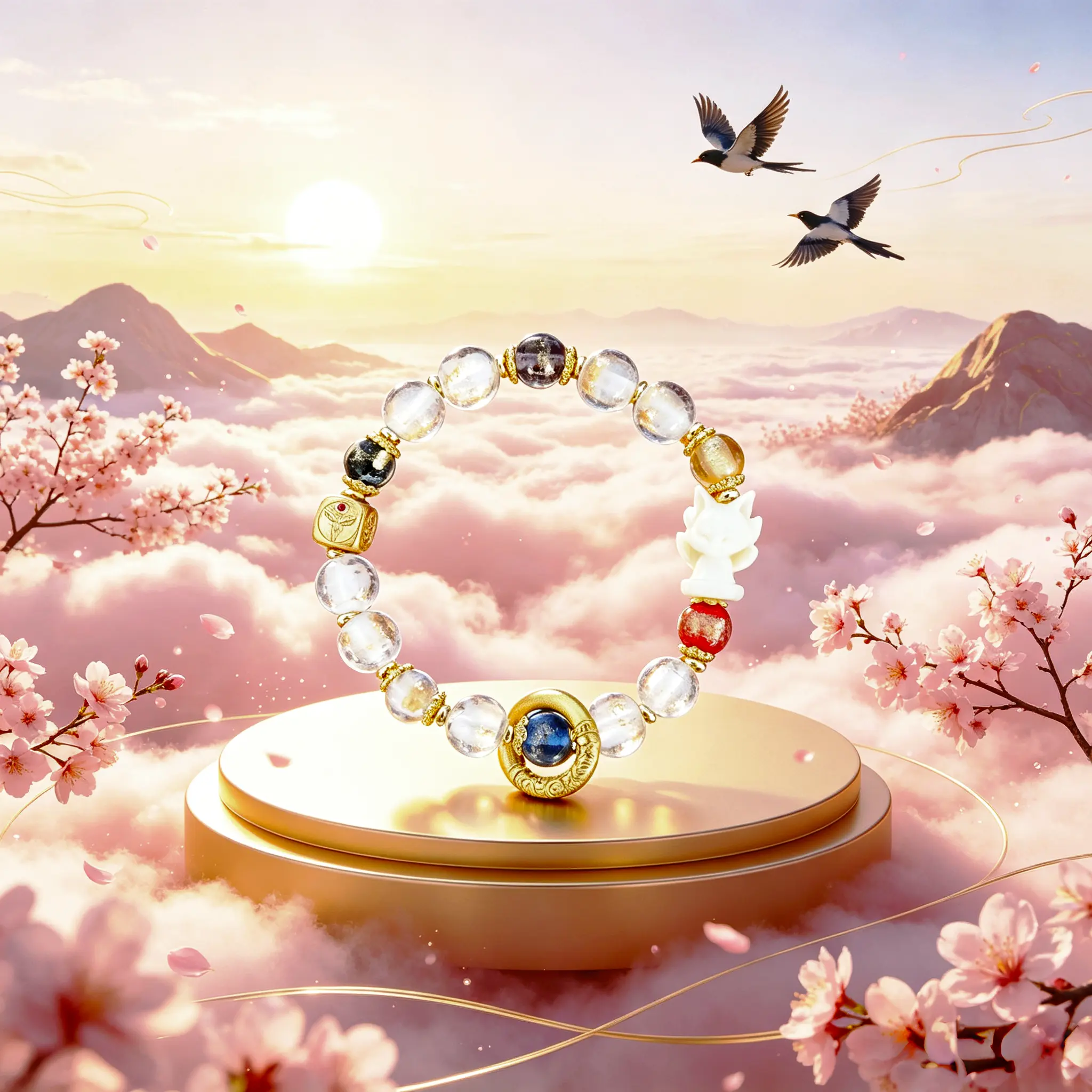 New Chinese-Style Mixed-Crystal Bracelet for Women, 3D-Carved 9-Tailed Fox Charm, Contrast Accent Beads, Oriental Costume Jewelry Accessory