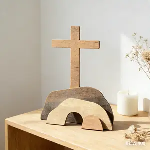 Empty Tomb Display Easter Decor – Christian Resurrection Scene Creche with Wooden Cross, “He Is Risen” Jesus Tomb Ornament for Farmhouse, Tiered Tray & Fireplace