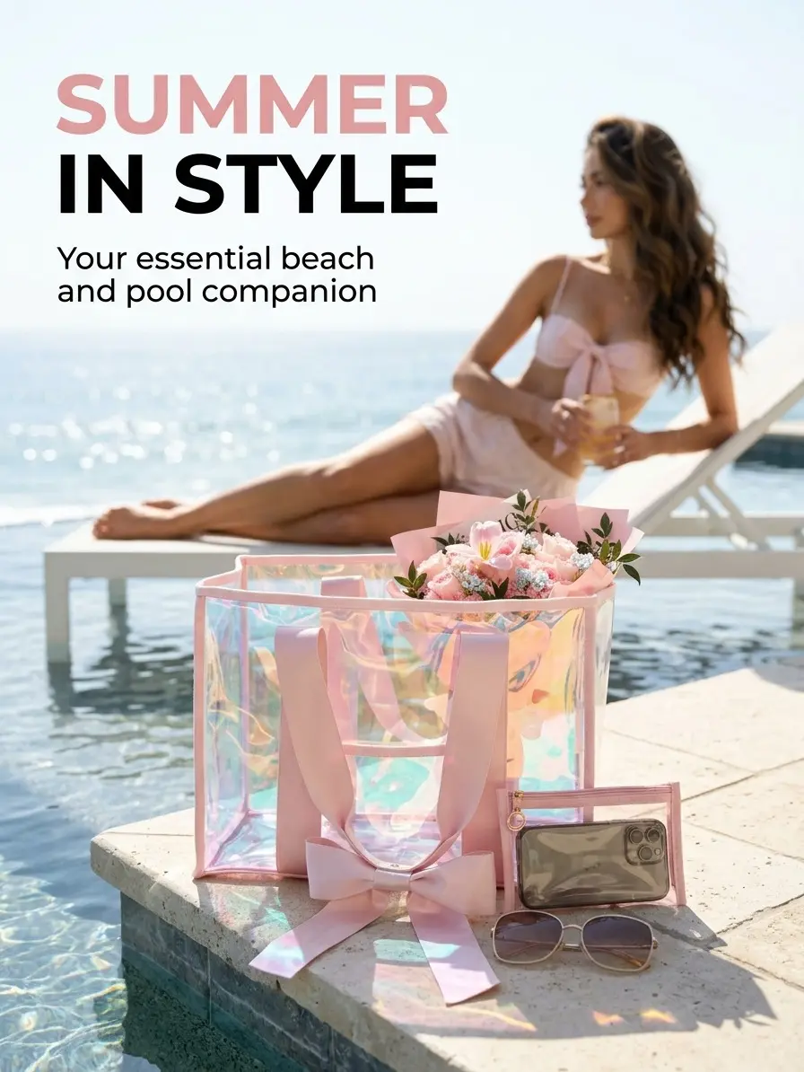 Large Clear Beach Tote Bag with Zipper Pouch, Iridescent Transparent PVC Pool Bag for Women, Waterproof Reusable Shoulder Tote with Bow Handles for Beach, Swimming, Travel, Vacation, Shopping