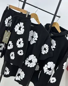 Black shorts with White Bubble Flower Print Hand-Designed Streetwear T-shirts Unique Graphic Pullover  Unisex Custom Tracksuit Cotton Wreath 3D Print Sweatsuit Set