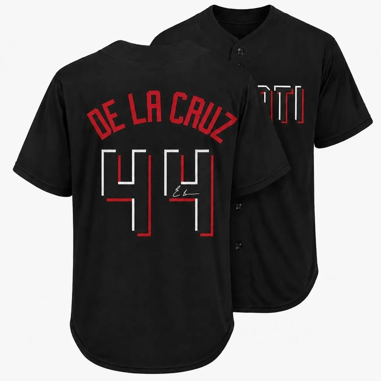 All-over Print Baseball Jersey Without Piping, Black Red Baseball Uniform, De La Cruz #44 Facsimile Autographed Sports Fan Jersey F