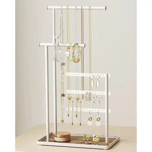 Jewelry Holder Organizer Stand - Adjustable Tall 17.5" (Max), Sturdy Jewelry Hanger for Necklaces, Earrings, Bracelets, Rings, Jewlery Display and Storage, White, Metal
