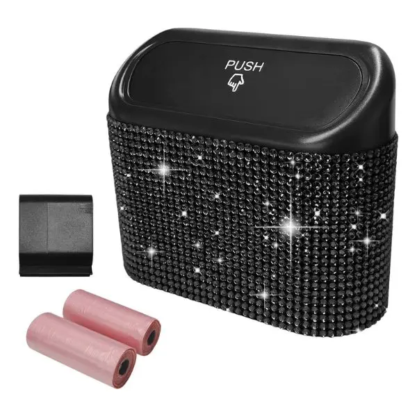 Bling Car Trash Can with Lid, Leakproof Mini Rhinestone Auto Garbage Bin with Trash Bags, Sparkling Crystal Garbage Container Interior Organizer for Vehicle Home Office