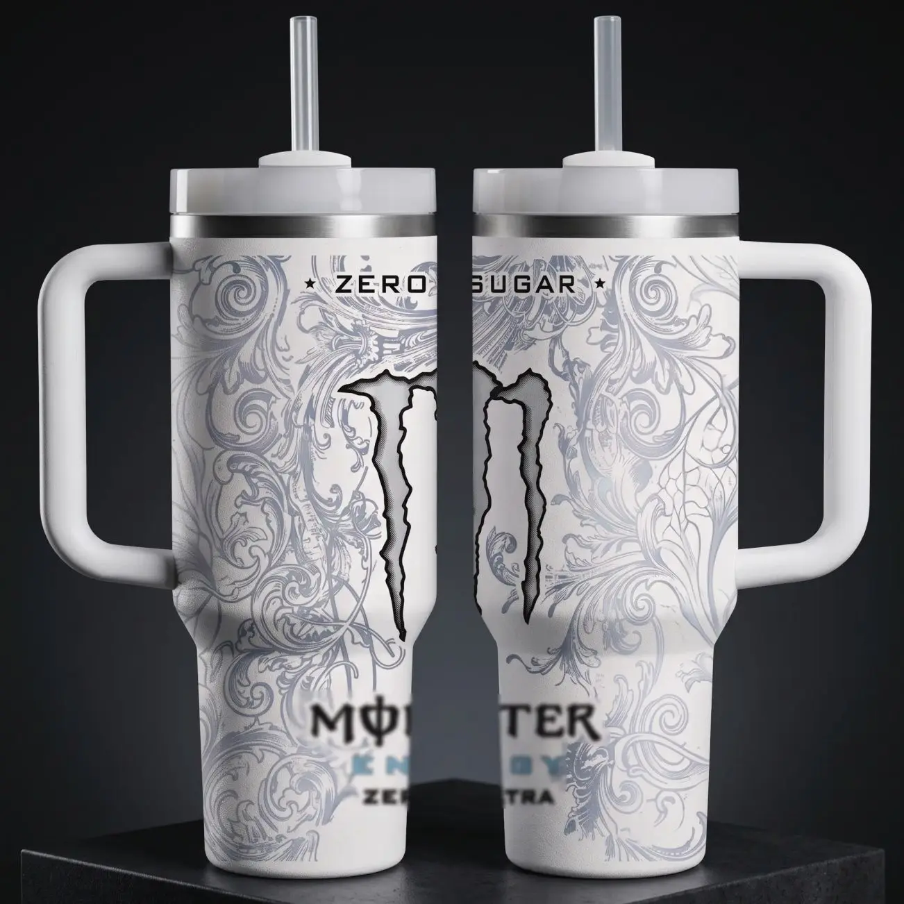 White  Energy Drink 40oz/30oz Tumbler with Handle & Straw, Stainless Steel Insulated Travel Mug, Double-Wall Vacuum Cup for Energy Drink Fans