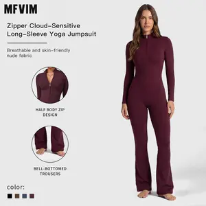 MFVIM Women’s Solid Color Half-Zip Mock Neck Stretchable Breathable Long Sleeve Skinny Athleisure Jumpsuit - Fitness Sport Outfits, Workout Gym Clothing for Yoga, Gym