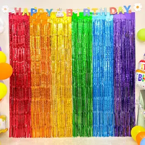 4 Pack Rainbow Foil Fringe Curtains, 13.2x6.6ft Colorful Tinsel Streamers Backdrop, Photo Backdrop for Birthday, Wedding,  Shower,  to School, Pride Month | Rainbow Streamers Party Decorations