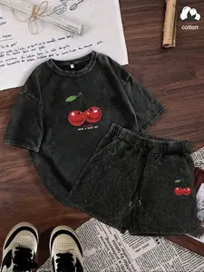 Women's Casual Loose-Fit Cotton Pajama Set, Short Sleeve & Shorts, Fruit Cherry Print, All-Season Comfortable Sleepwear