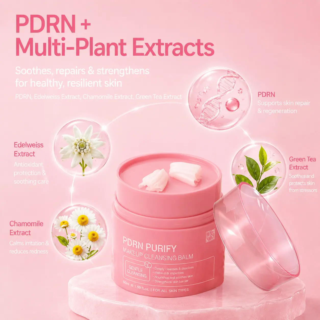 PDRN Twist Grinder Cleansing Balm - Oil-Free Daily Makeup Remover, Deep Pore Purifying Sorbet Cleanser for Sensitive Skin with Flowers, 50ml