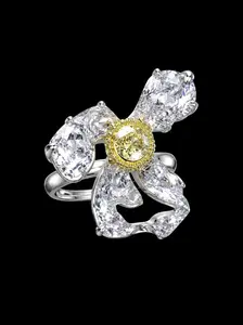Luxury Lab Grown Diamond Floral Cocktail Ring, Yellow Center Stone Sparkling Statement Ring for Women