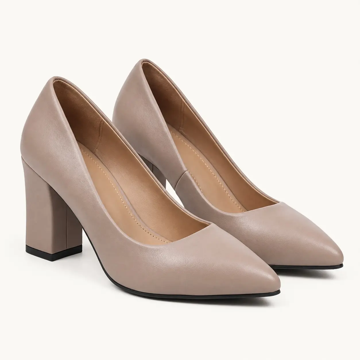 Geeyea women's Nude PU Leather Pumps, Pointed Toe Chunky High Heel Dress Shoes with Smooth Upper, Slip-On Elegant Heels for Office, Wedding, Party, Date Night & Formal Outfits.