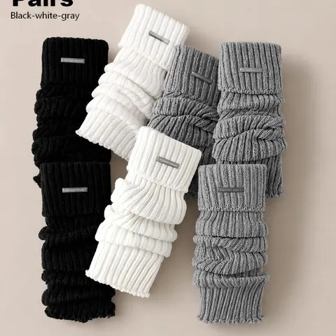 3 Pairs Women's Knit Leg Warmer Set, Black/White/Grey, Fitted Design, All-Season Comfortable Leg Warmers, Ideal for Daily & Casual Wear
