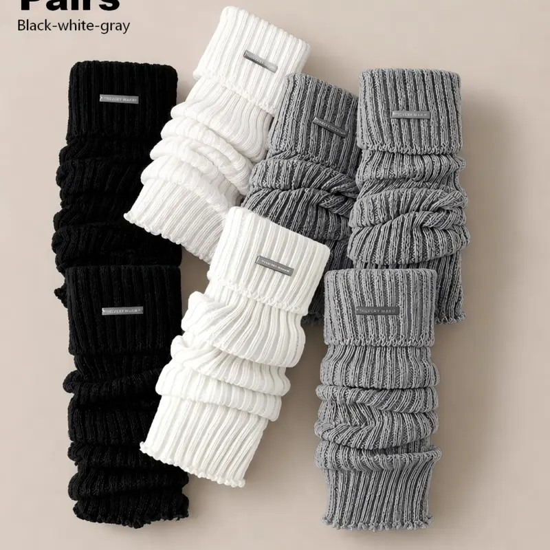 3 Pairs Women's Knit Leg Warmer Set, Black/White/Grey, Fitted Design, All-Season Comfortable Leg Warmers, Ideal for Daily & Casual Wear