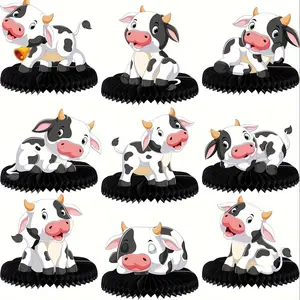 9 Pcs Cow Honeycomb Table Centerpieces, Farm Animals Cow Table Topper, 3D Table Decoration, Barnyard Paper Fan, Kids Party Supplies, Lightweight