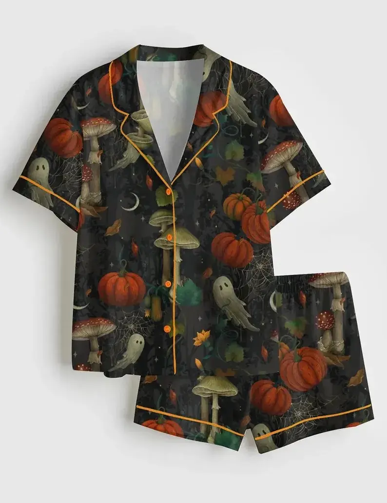 Women Halloween Pumpkin Ghost Mushroom Pajama Set Loose Comfy Button Down Short Sleeve Sleepwear Spooky Spider Web Dark Forest Print 2PC Lounge PJ Set