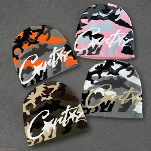 2026 New American Retro Letter Camouflage Knit Beanie Unisex Autumn Winter Warm Couple Streetwear Skull Cap Pull-On Cold Hat Mens Womens Y2K Hipster Fashion Accessory Trendy Daily Wear Hot Selling