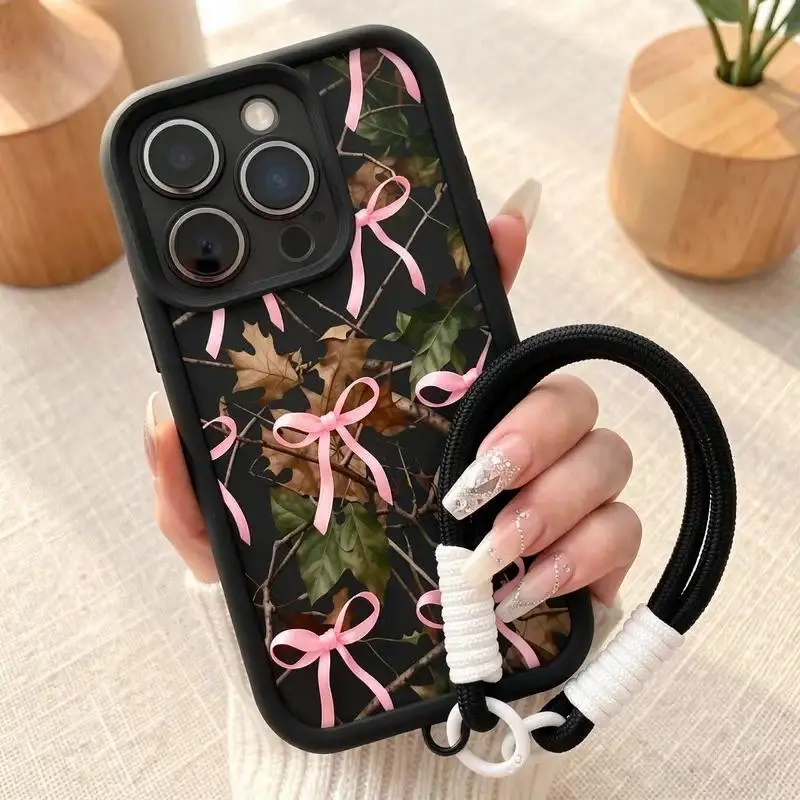Cute Pink Bow Camo Floral Pattern Case,phone Case with Wrist Strap Suitable for Iphone 11/12/13/14/15/16/17 Pro Promax Plus Air and Samsung S22/S23/S24/S25 Plus Ultra Fe,Slim Shockproof Anti Drop Protective Durable TPU Cover